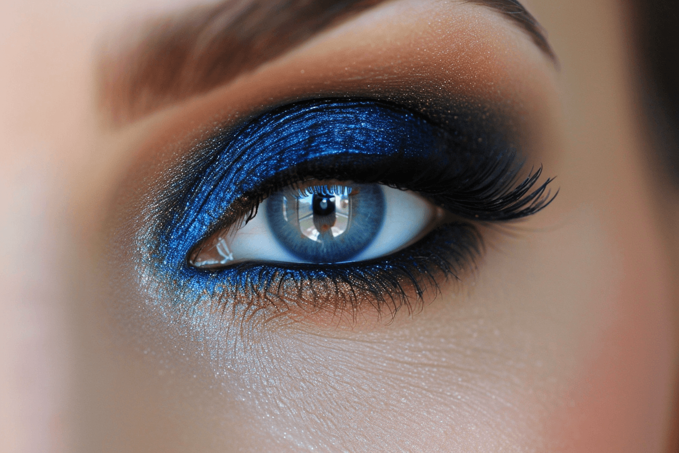 Spektakularny sylwestrowy makijaż z dominującym niebieskim cieniem do powiek na tle jasnej karnacji