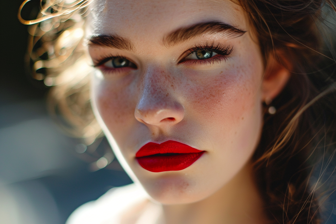 Młoda kobieta z klasycznym makijażem i czerwonymi ustami podkreślającymi ponadczasowy styl na Sylwestra