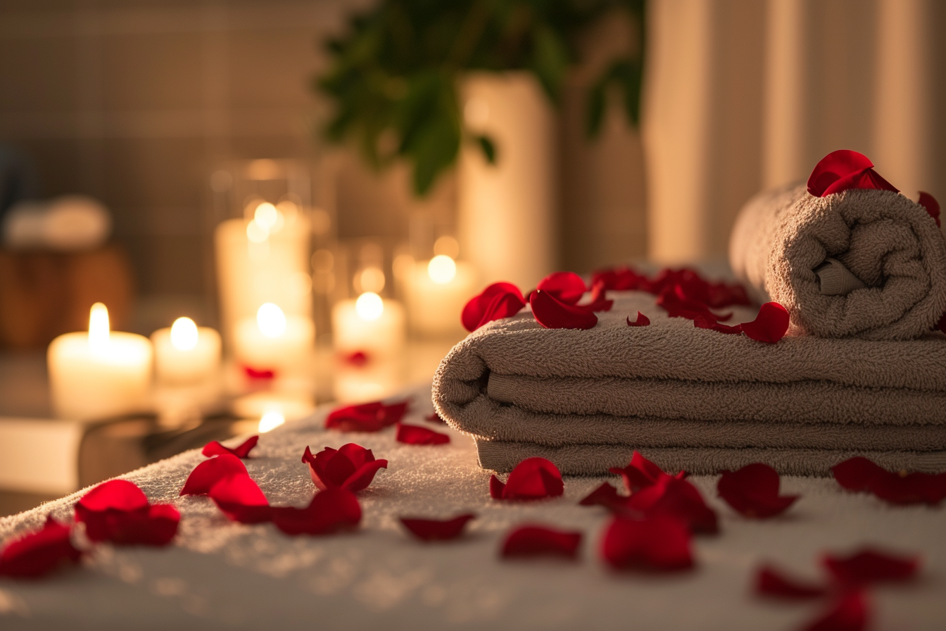Spokojna i romantyczna sceneria w spa z rozami i bialymi recznikami na Walentynki. Obraz przekazuje uczucie luksusu i spokoju