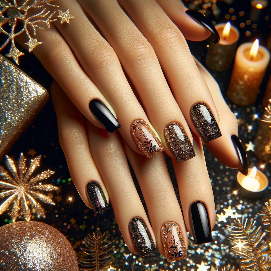 Eleganckie czarne paznokcie brokatowe na Sylwestra 2023, prezentujące klasyczny i luksusowy styl, na tle noworocznej atmosfery z fajerwerkami i żywymi światłami