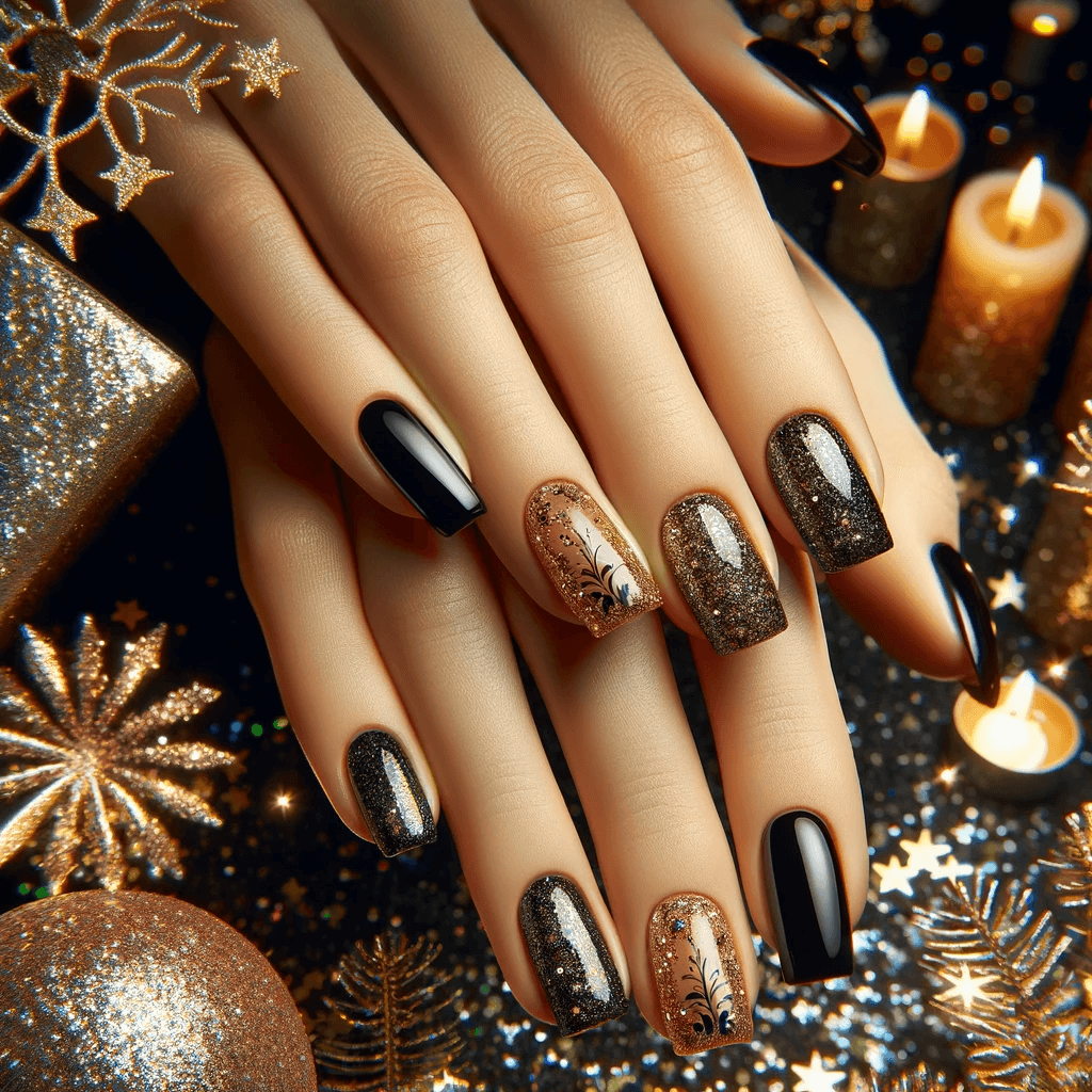 Eleganckie czarne paznokcie brokatowe na Sylwestra 2023, prezentujące klasyczny i luksusowy styl, na tle noworocznej atmosfery z fajerwerkami i żywymi światłami