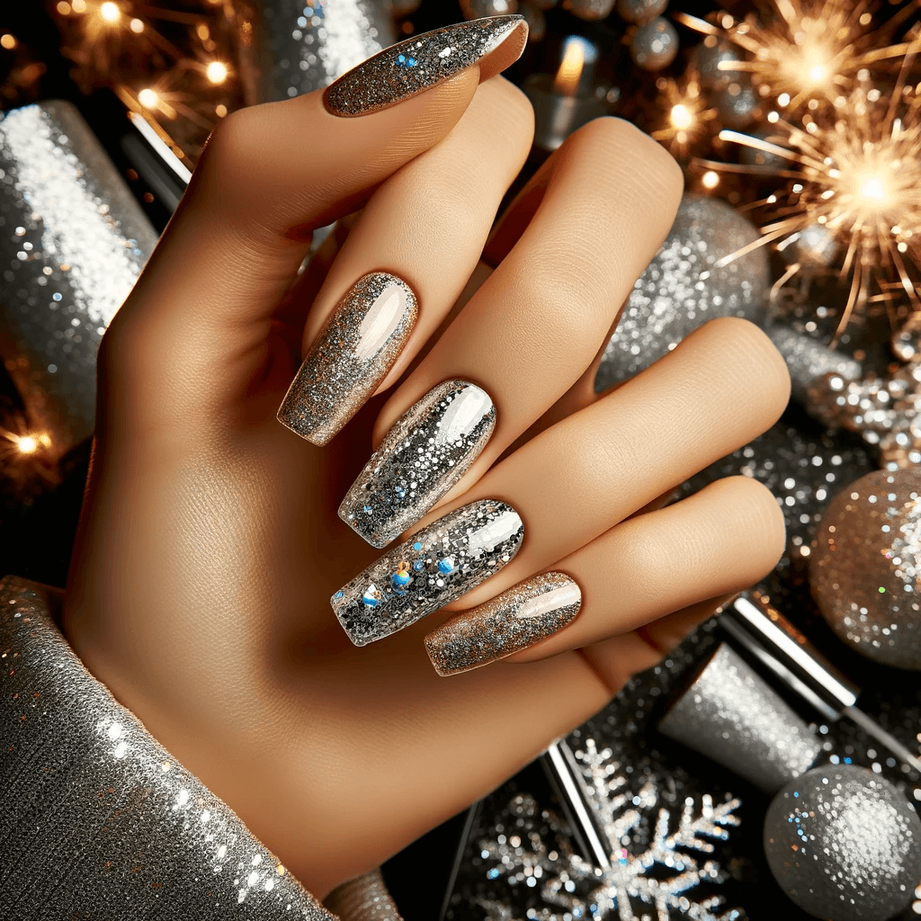 Srebrne brokatowe paznokcie na Sylwestra, tworzące lśniący i olśniewający efekt, idealne dla celebracyjnej atmosfery noworocznej nocy, na tle fajerwerków i świateł miasta