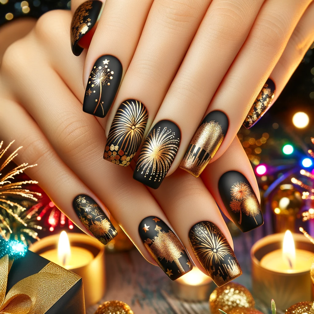 Czarne paznokcie z każdym zdobionym złotym wzorem fajerwerków na tle Sylwestra z kolorowymi fajerwerkami na niebie i żywą atmosferą imprezy, podkreślające świąteczny nastrój okazji