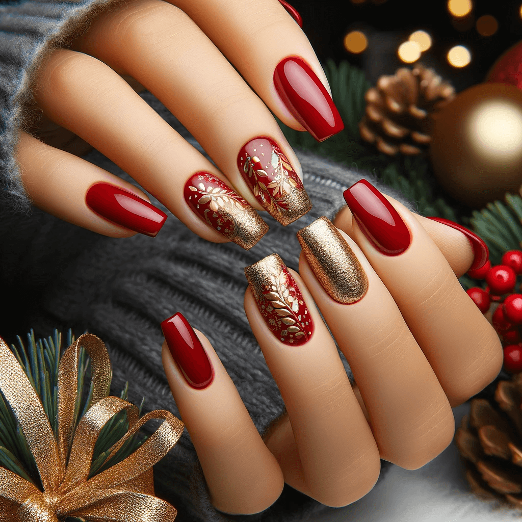Elegancka świąteczna stylizacja paznokci w czerwieni i złocie, tworząca luksusową symbiozę na tle realistycznej bożonarodzeniowej sceny
