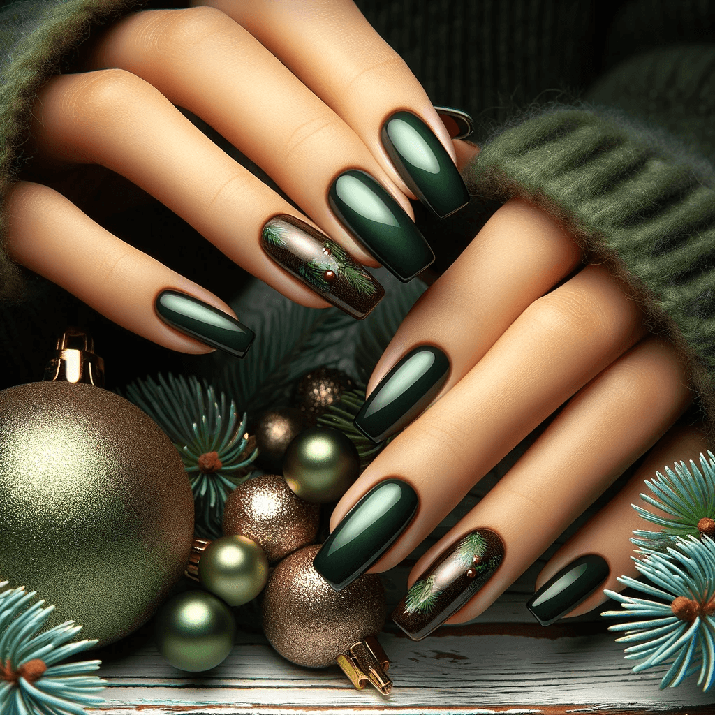 Eleganckie paznokcie świąteczne w odcieniu butelkowej zieleni, odzwierciedlające luksusowy i modny styl, na tle realistycznej świątecznej sceny