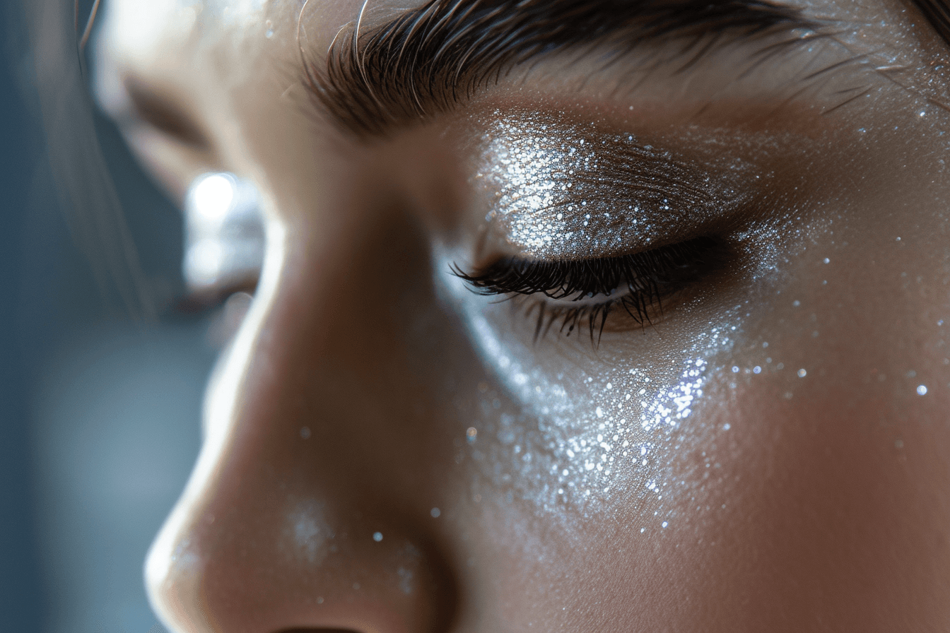 młoda kobieta prezentująca srebrny makijaż sylwestrowy z lśniącymi srebrnymi akcentami, podkreślający nowoczesność i blask.