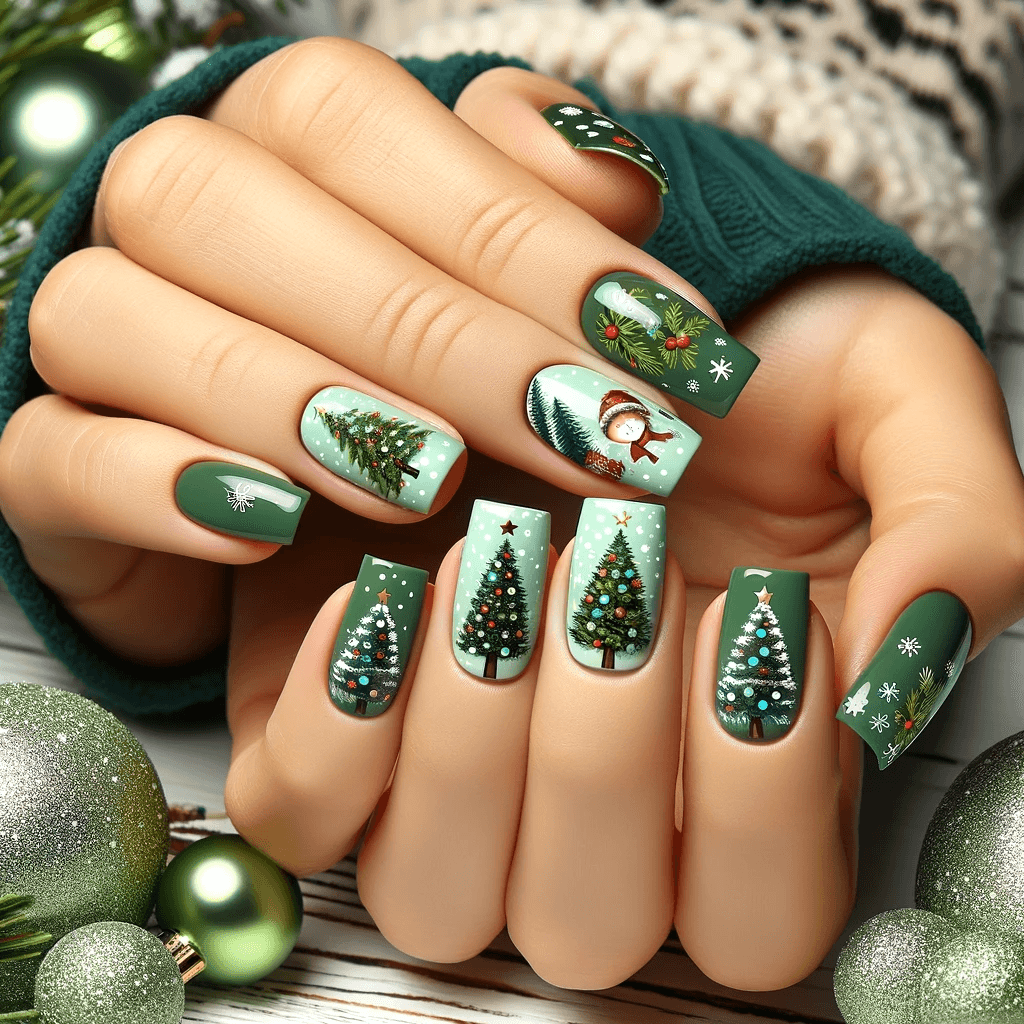 Zabawne i urocze świąteczne paznokcie w zielonym kolorze, ozdobione naklejkami choinek i śnieżynkami, na tle realistycznej bożonarodzeniowej sceny