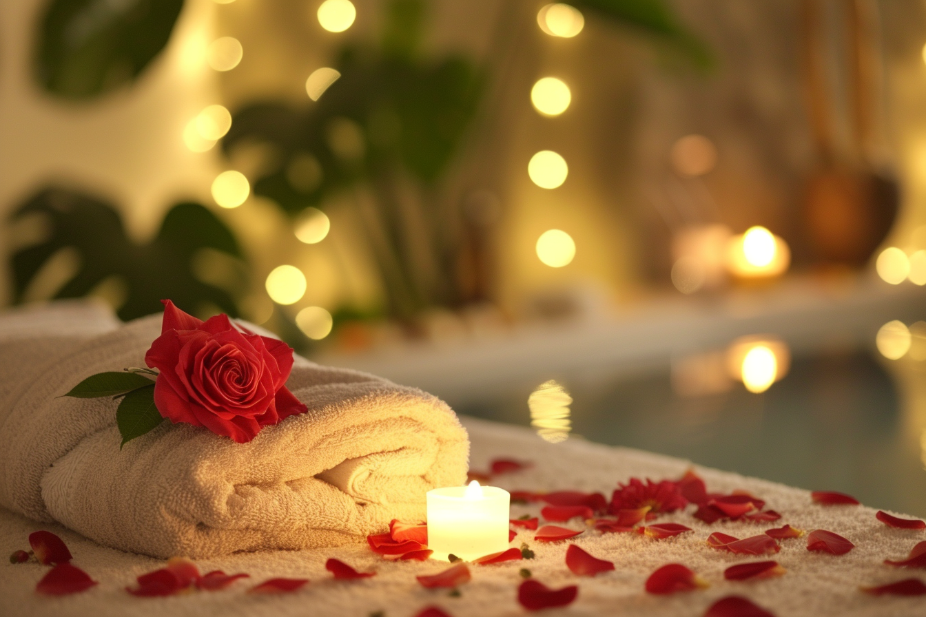 Spokojna i romantyczna sceneria w spa z rozami i bialymi recznikami na Walentynki jako prezent dla niej. Obraz przekazuje uczucie luksusu i spokoju