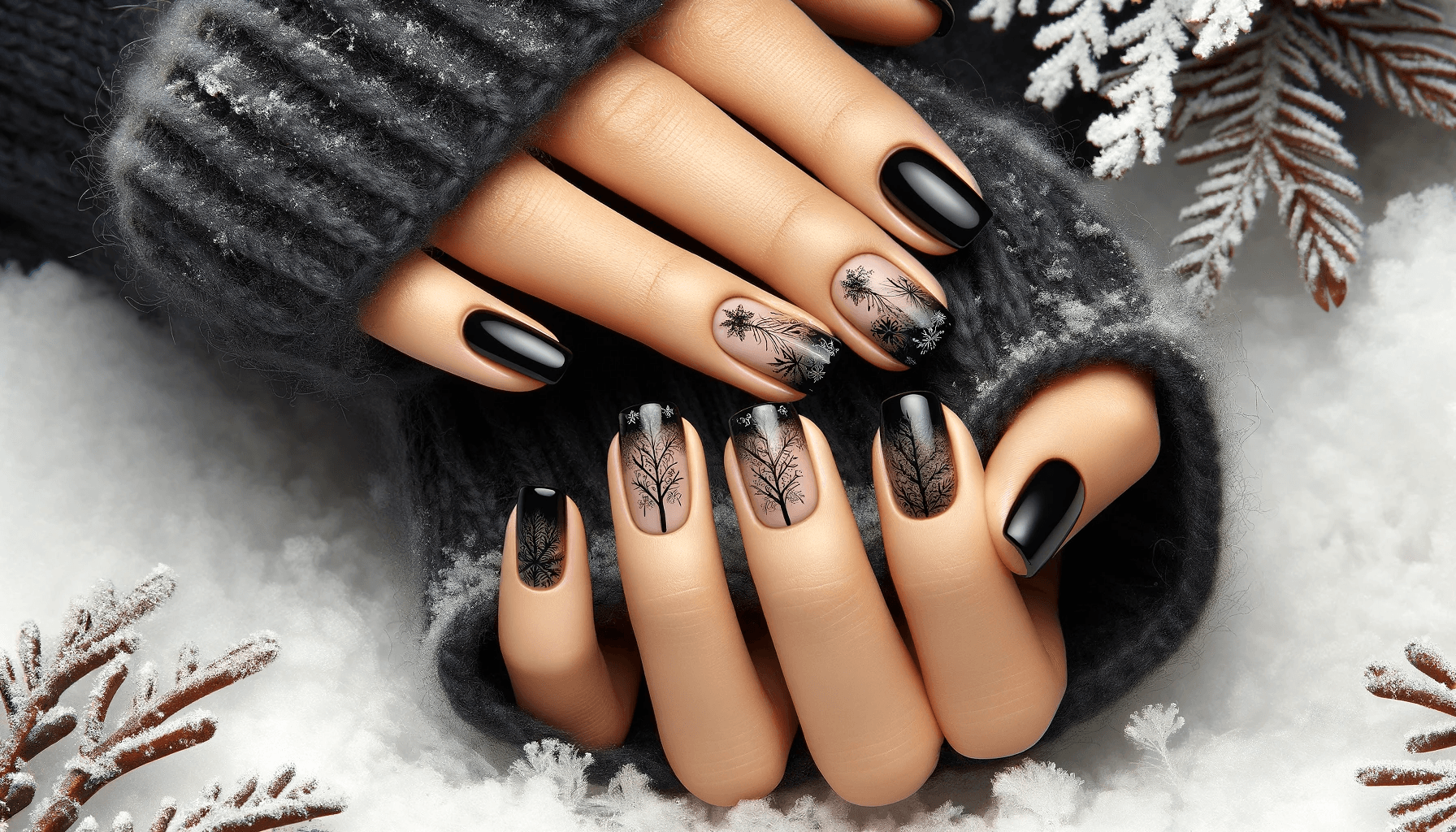 czarna stylizacja paznokci na zimę 2023