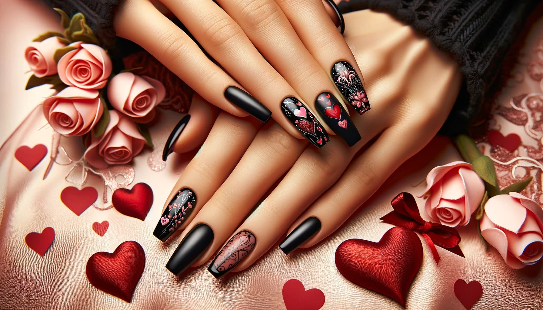 paznokcie walentynkowe czarne na walentynki 2024