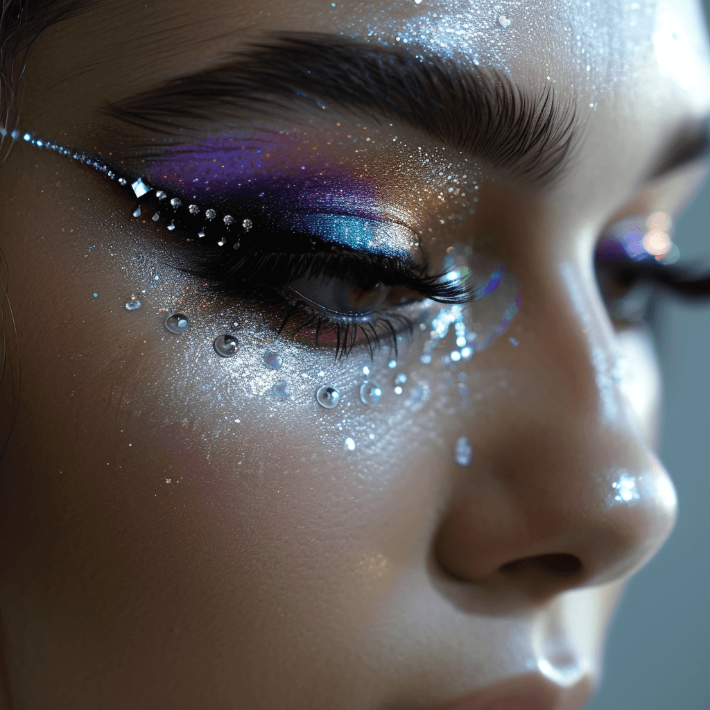 Makijaż inspirowany serialem Euphoria na twarzy młodej kobiety, z błyszczącymi kryształkami i żywymi kolorowymi cieniami, idealny na Sylwestra 2023:2024