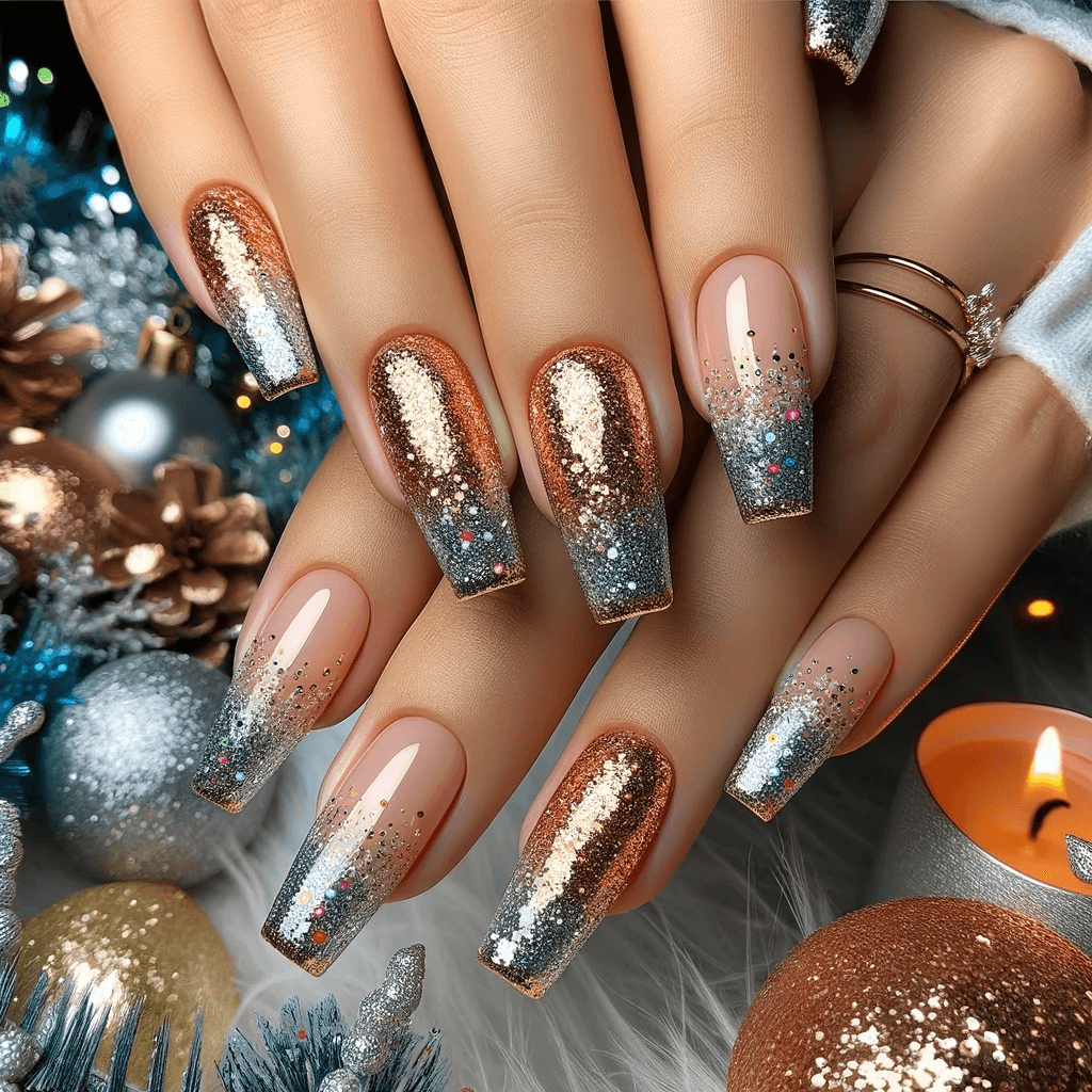 Paznokcie na Sylwestra z brokatowymi końcówkami french, tworzące jednolity i glamour wygląd, na tle noworocznej atmosfery z fajerwerkami i żywymi światłami, idealne dla uroczystego wieczoru