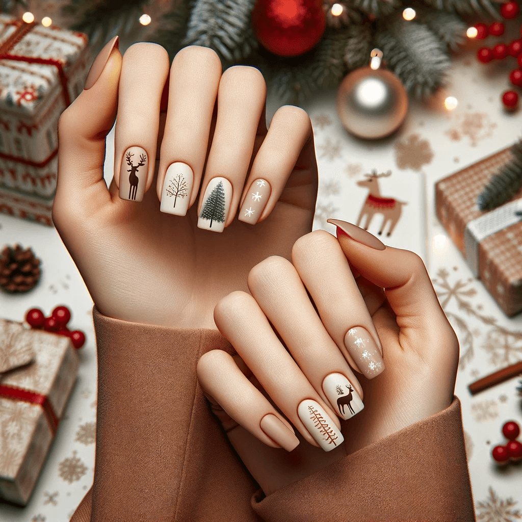 paznokcie ze zdobieniami świątecznymi w renifery i drzewka na święta