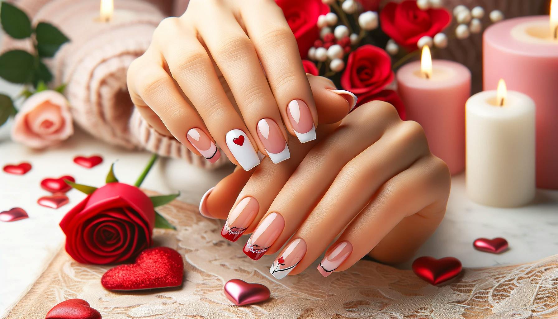 Francuski manicure z walentynkowym motywem na rok 2024, biale paznokcie z czerwonymi sercami, otoczone romantyczna atmosfera swiec i roz