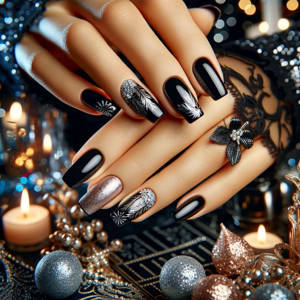 Czarne paznokcie ze srebrnym akcentem na tle Sylwestra z oszałamiającymi fajerwerkami i żywą atmosferą imprezy, podkreślające elegancki i świąteczny nastrój okazji