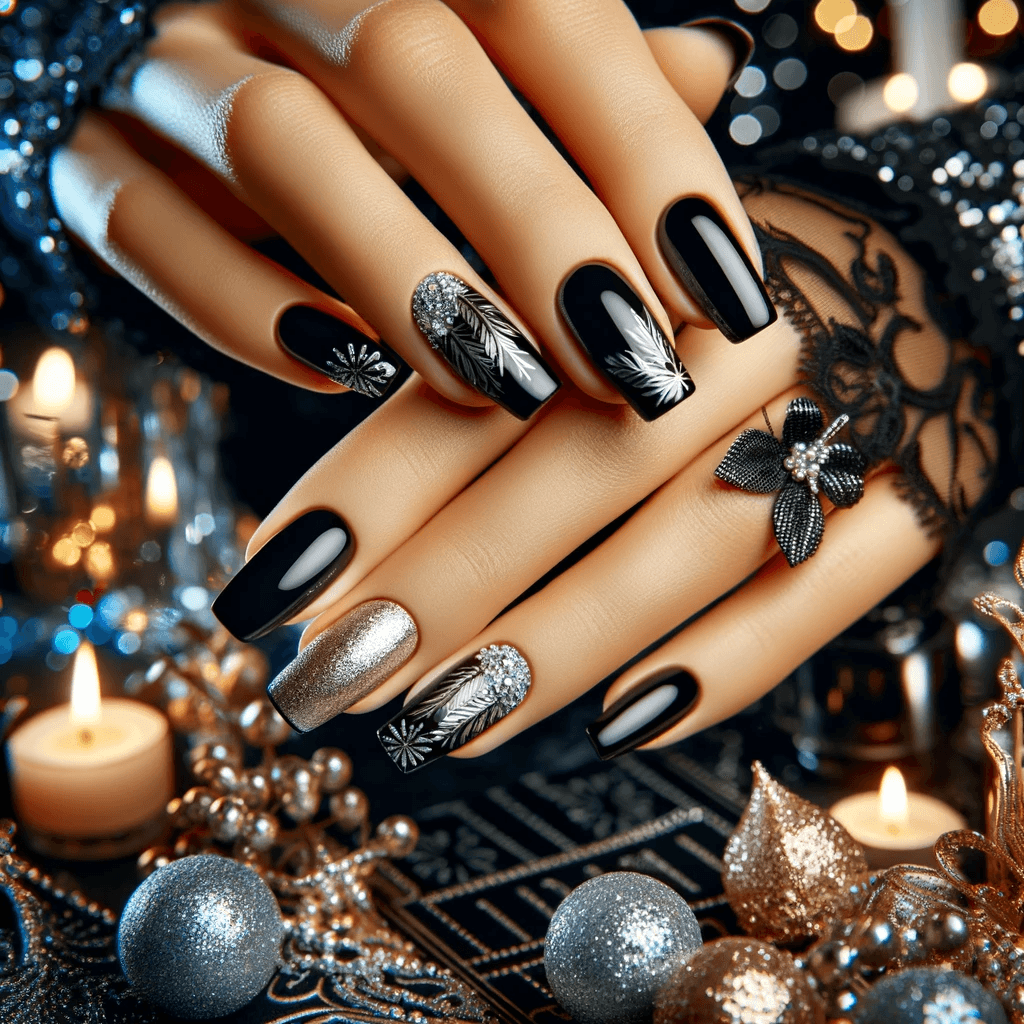Czarne paznokcie ze srebrnym akcentem na tle Sylwestra z oszałamiającymi fajerwerkami i żywą atmosferą imprezy, podkreślające elegancki i świąteczny nastrój okazji
