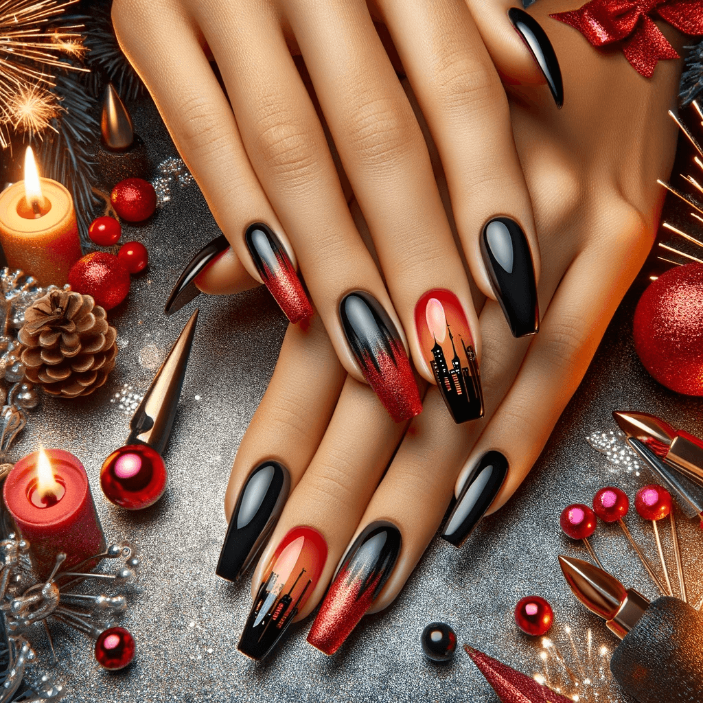 Paznokcie w kontrastowym połączeniu czerwieni i czerni na tle Sylwestra z żywymi fajerwerkami i atmosferą imprezy, podkreślające dynamiczny wygląd