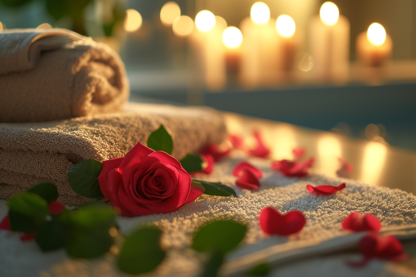 Spokojna i romantyczna sceneria w spa z rozami i bialymi recznikami na Walentynki jako prezent dla niego. Obraz przekazuje uczucie luksusu i spokoju