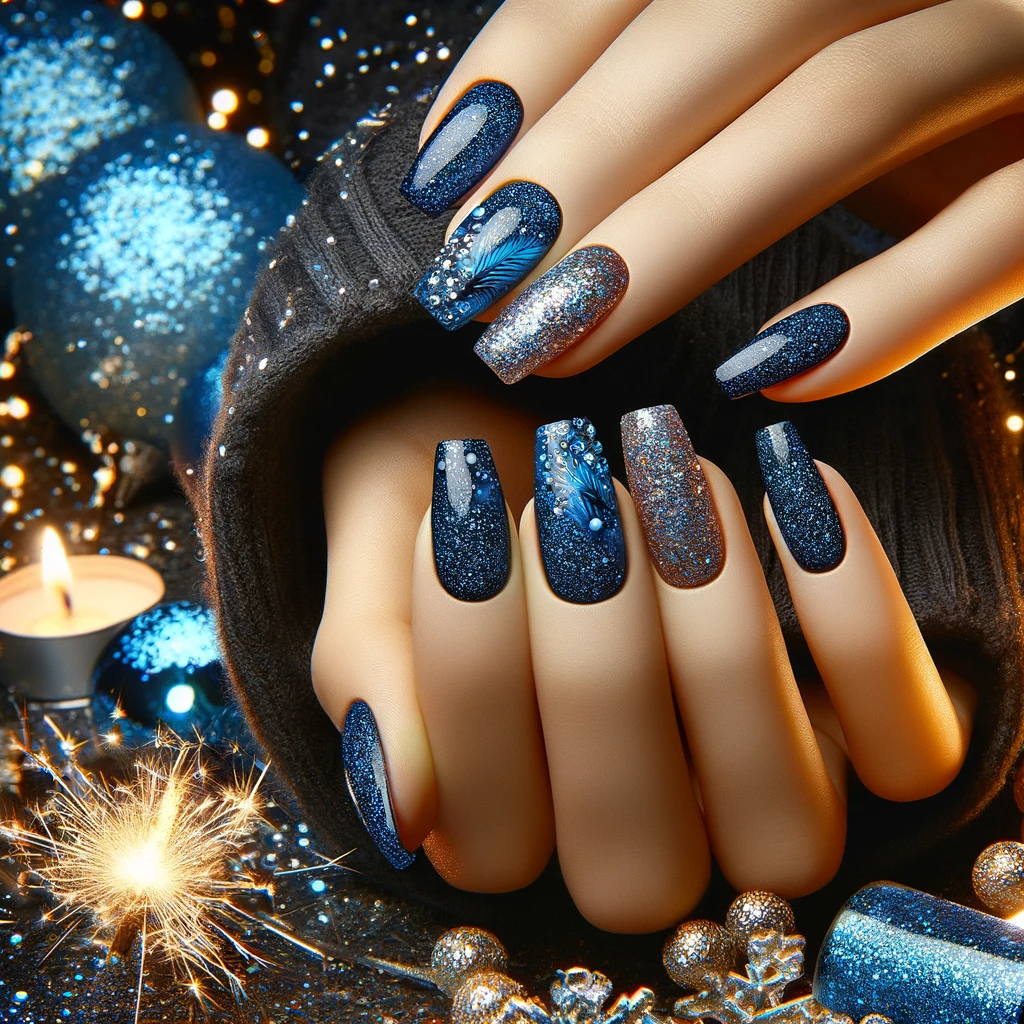 Niebieskie brokatowe paznokcie na Sylwestra 2023, symbolizujące zimowy szyk, na tle noworocznej atmosfery z fajerwerkami i światłami miasta, idealne dla eleganckiego i modnego wyglądu