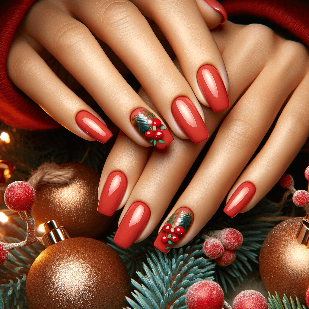 Świąteczne paznokcie w koralowej czerwieni na Boże Narodzenie 2023, prezentujące ciepły i żywy kolor na tle świątecznej sceny, idealne dla energetycznych i radosnych stylizacji