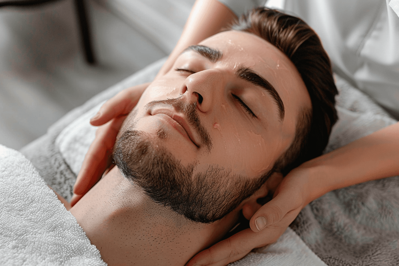 mężczyzna w trakcie masażu kobido w salonie kosmetycznym spa