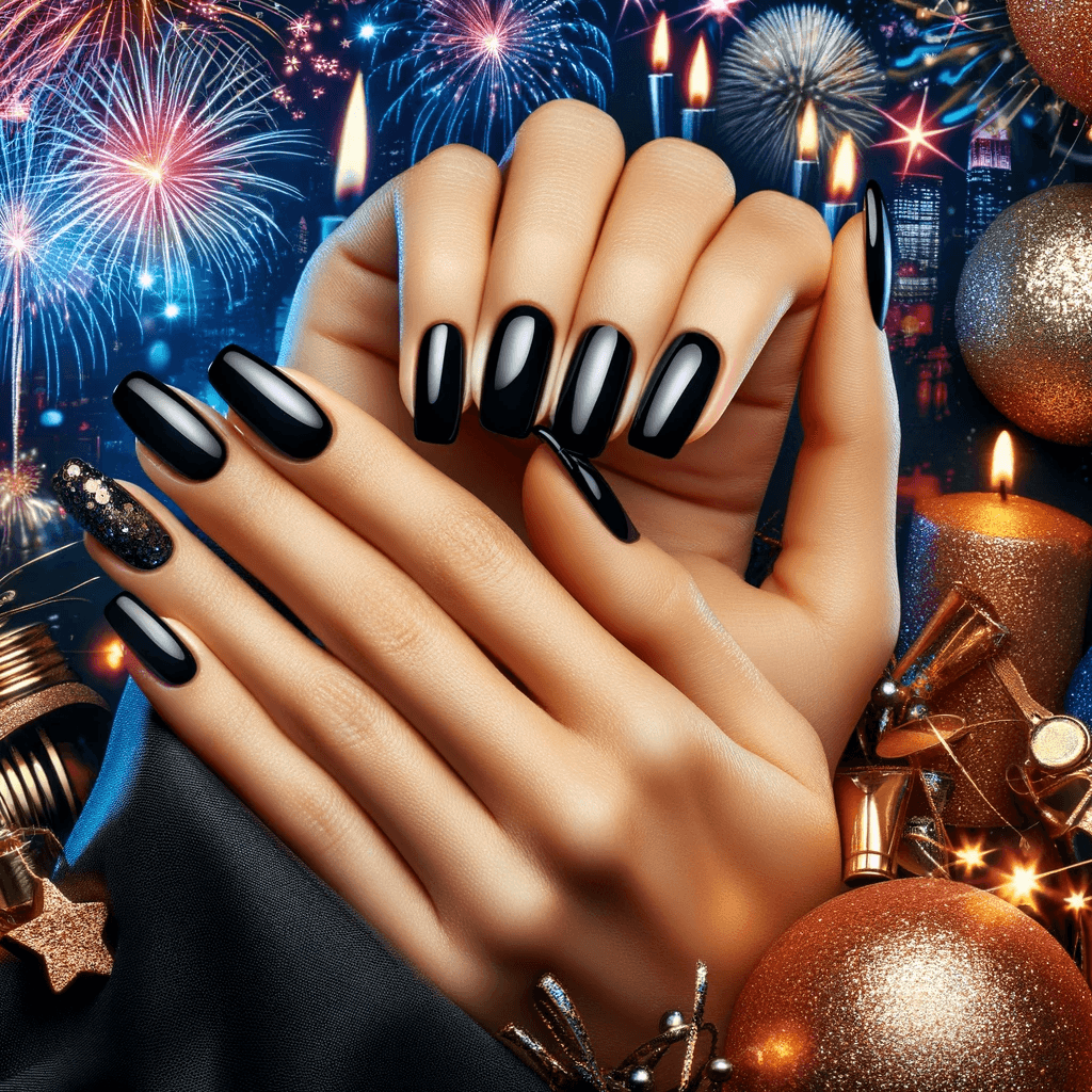 Ręce z paznokciami pomalowanymi na klasyczny, czarny kolor, idealne na sylwestrową celebrację. Tło przedstawia kolorowe fajerwerki i błyszczące światła miasta, podkreślając świąteczną i elegancką atmosferę okazji