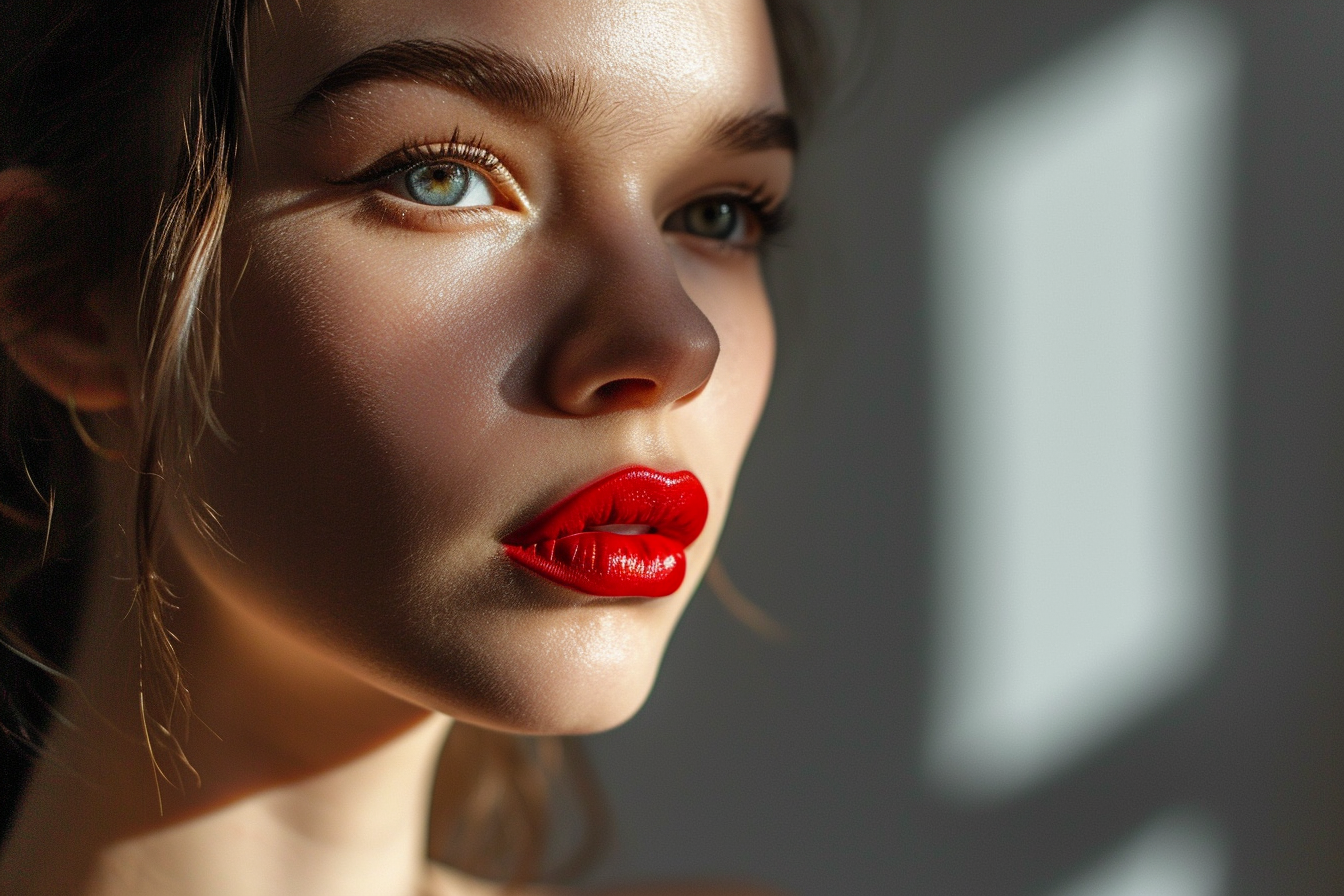 Młoda kobieta z klasycznym makijażem na sylwestra 2023 i czerwonymi ustami podkreślającymi ponadczasowy styl na Sylwestra