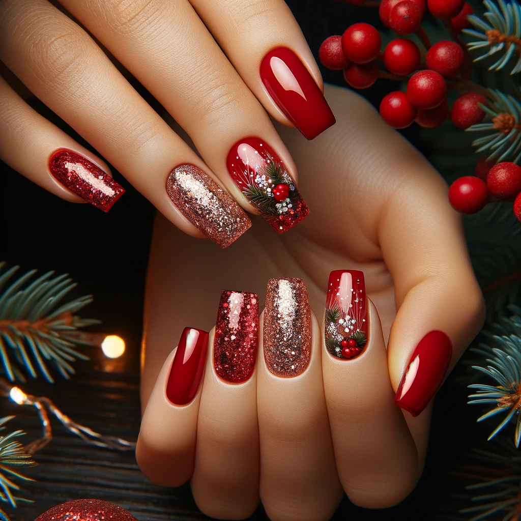 Czerwone paznokcie z brokatowymi akcentami świątecznymi, dodające błysku i uroku Bożemu Narodzeniu, na tle realistycznej świątecznej sceny
