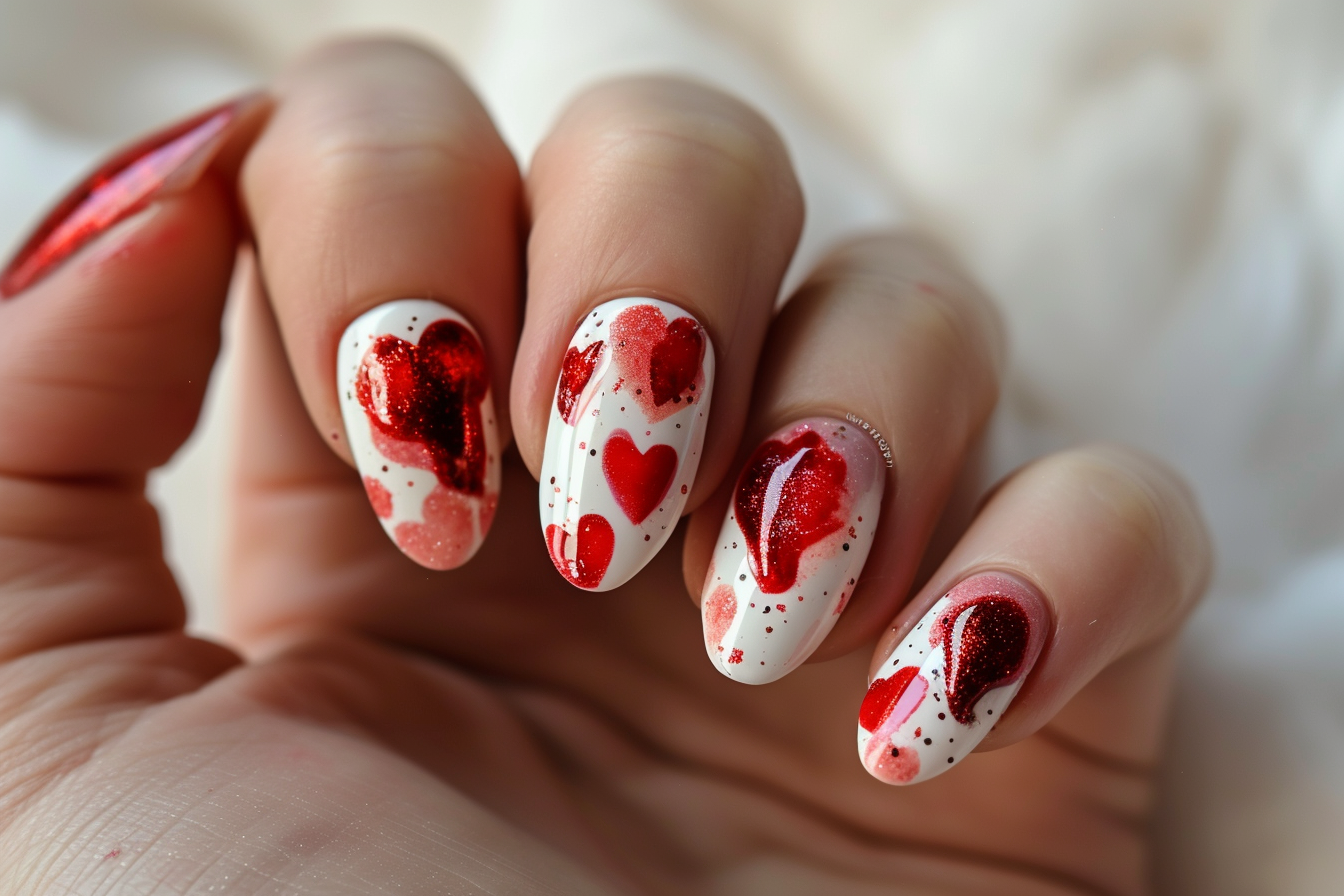 Oryginalne walentynkowe paznokcie z efektem splatter, wyróżniające się czerwonymi sercami na białym tle, dla wyjątkowej i kreatywnej ekspresji uczuć