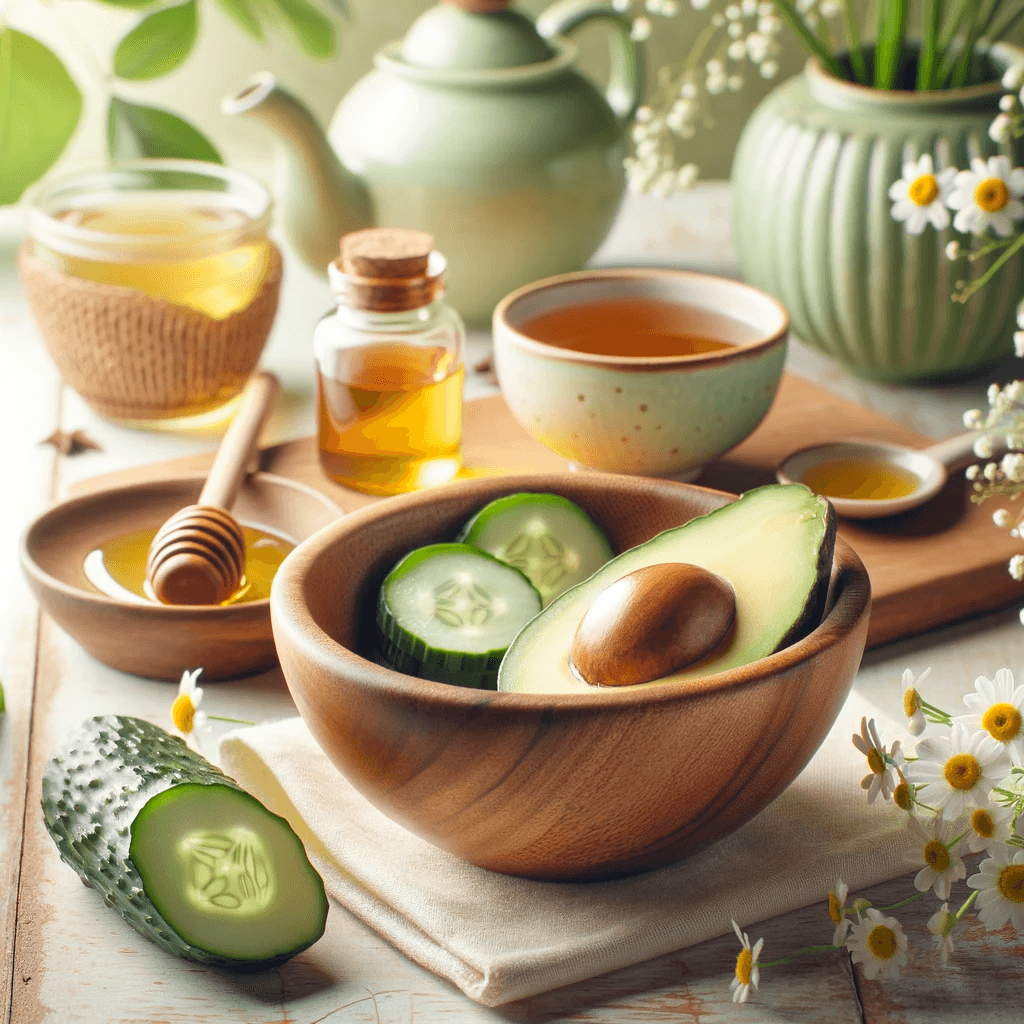 Uspokajająca i naturalna sceneria pielęgnacji wrażliwej skóry, przedstawiająca drewnianą miskę z domową maseczką z awokado, plasterki ogórka, słoik miodu i małą buteleczkę olejku z drzewa herbacianego. Tło obrazu jest spokojne, z miękkim, naturalnym oświetleniem i zielonymi roślinami, co podkreśla łagodne podejście do pielęgnacji skóry.