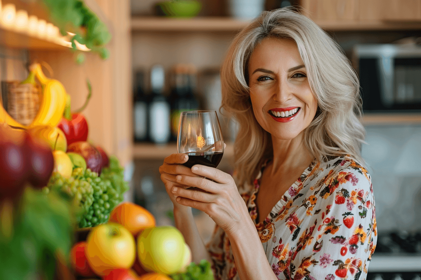 kobieta po 50 i jej zdrowa dieta pokazujaca owoce i warzywa