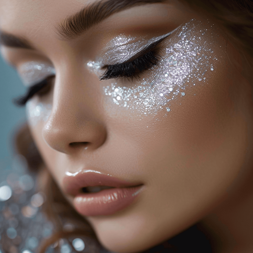 Blask srebrnego makijażu na Sylwestra 2023 Zbliżenie makijażu modelki, gdzie metaliczne srebrne cienie do powiek lśnią jak gwiazdy na nocnym niebie. Makijaż uwzględnia także srebrny eyeliner, nadając mu nowoczesny charakter