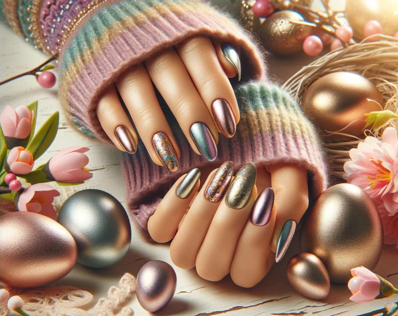 Paznokcie na święta wielkanocne w metalicznym odcieniu, dodające nowoczesnego i glamour akcentu do świątecznych celebracji, na tle wiosennej sceny z kwitnącymi kwiatami i pastelowymi barwami, idealne dla wspólczesnej elegancji Wielkanocy