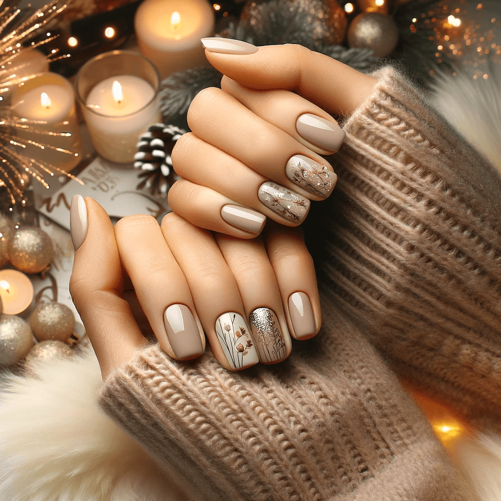 Delikatne i subtelne paznokcie sylwestrowe, prezentujące minimalizm i elegancję na tle noworocznej zabawy z charakterystycznymi fajerwerkami i błyszczącymi światłami