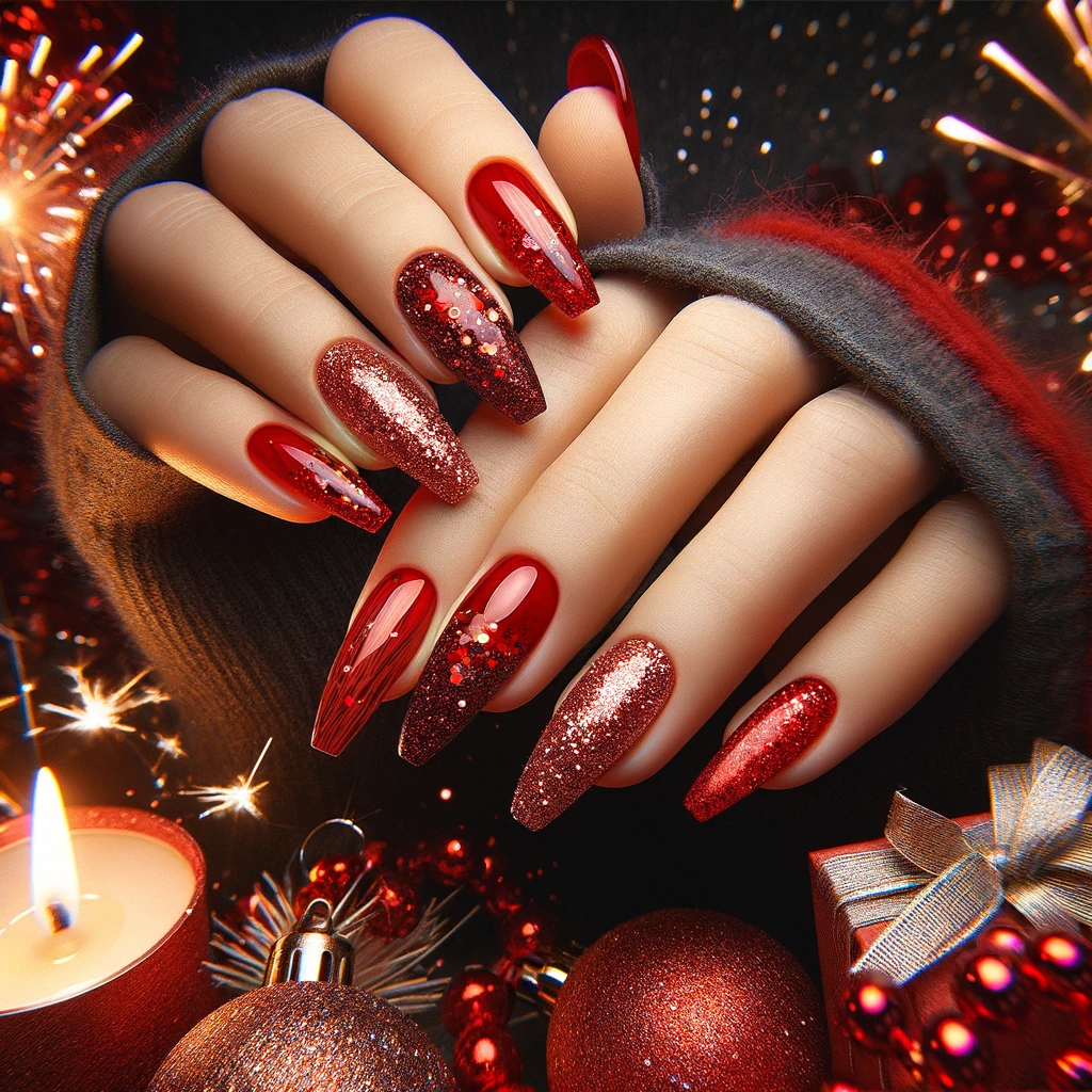 Czerwone brokatowe paznokcie na Sylwestra, emanujące energetyczną świątecznością, na tle noworocznej nocy z fajerwerkami i świetlnymi dekoracjami, idealne dla dynamicznej i radosnej atmosfery
