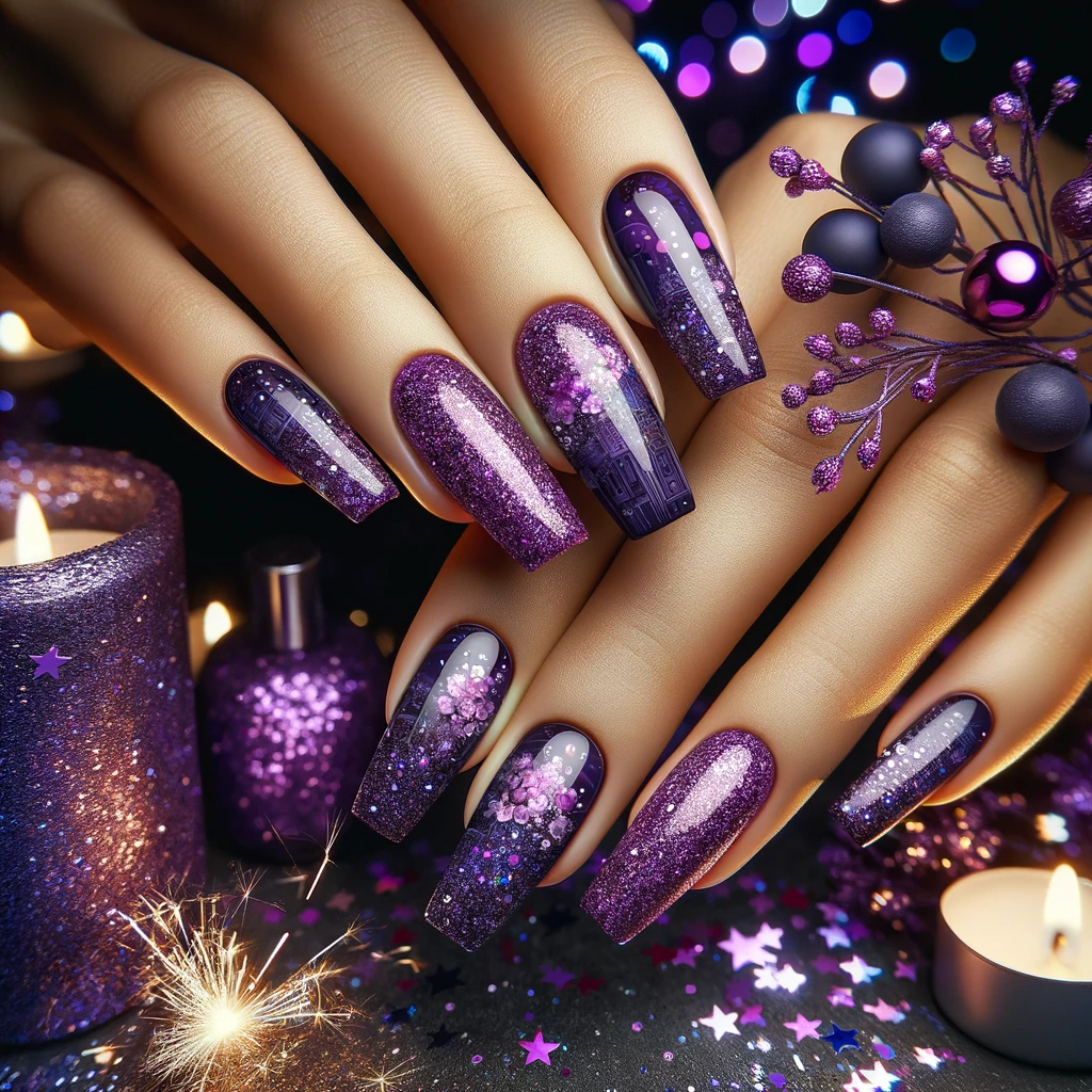 Brokatowe paznokcie w odcieniach fioletu na Sylwestra, emanujące tajemniczym blaskiem, na tle noworocznej atmosfery z iskrzącymi fajerwerkami i kolorowymi światłami, dodającymi głębi i intrygi