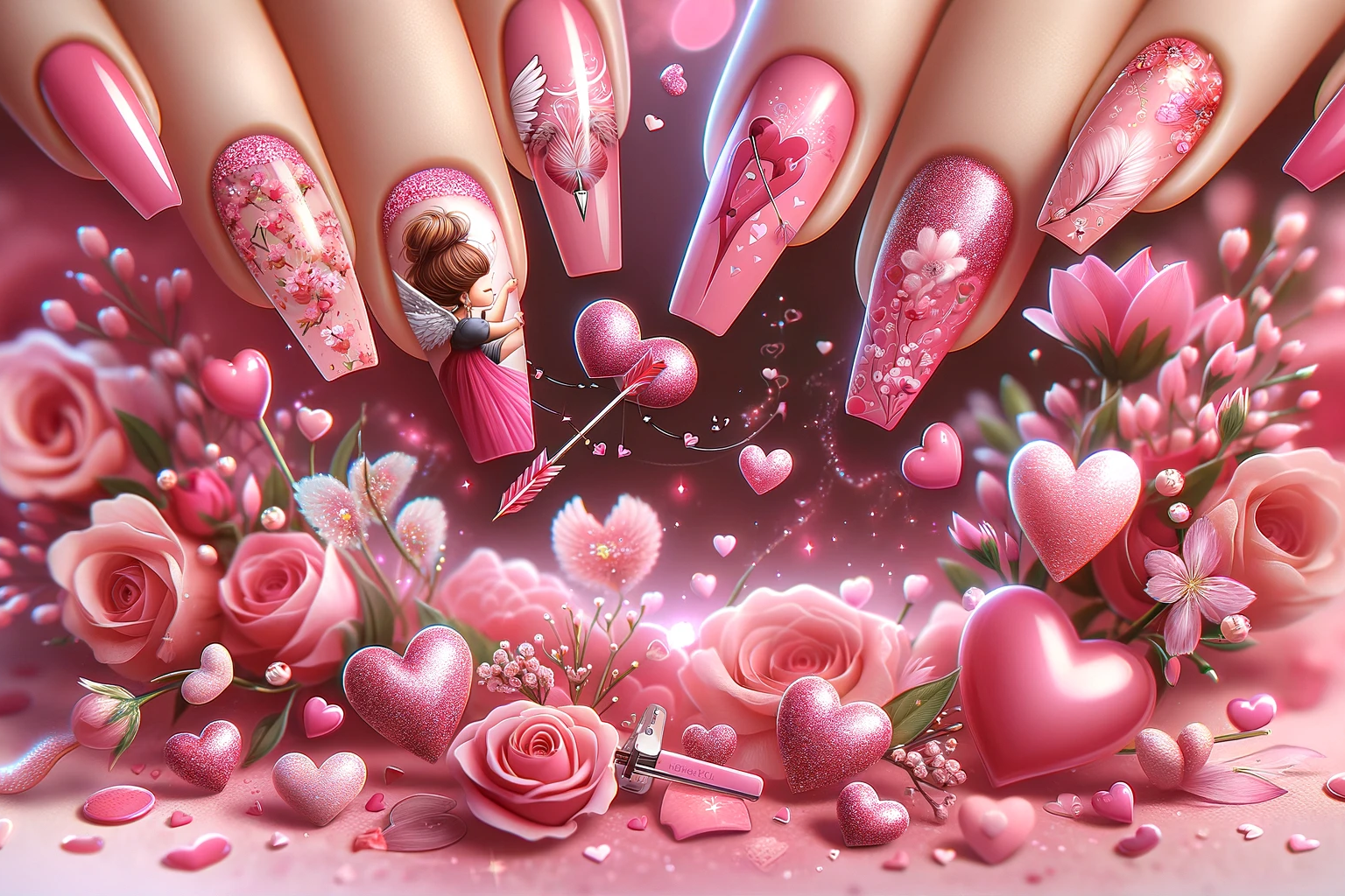 Różowe paznokcie na Walentynki 2024 z motywami serc, strzał Kupidyna i delikatnych kwiatów, na tle baśniowej walentynkowej sceny z pływającymi sercami i kwiatowymi wzorami, idealne dla artykułu o romantycznych stylizacjach paznokci