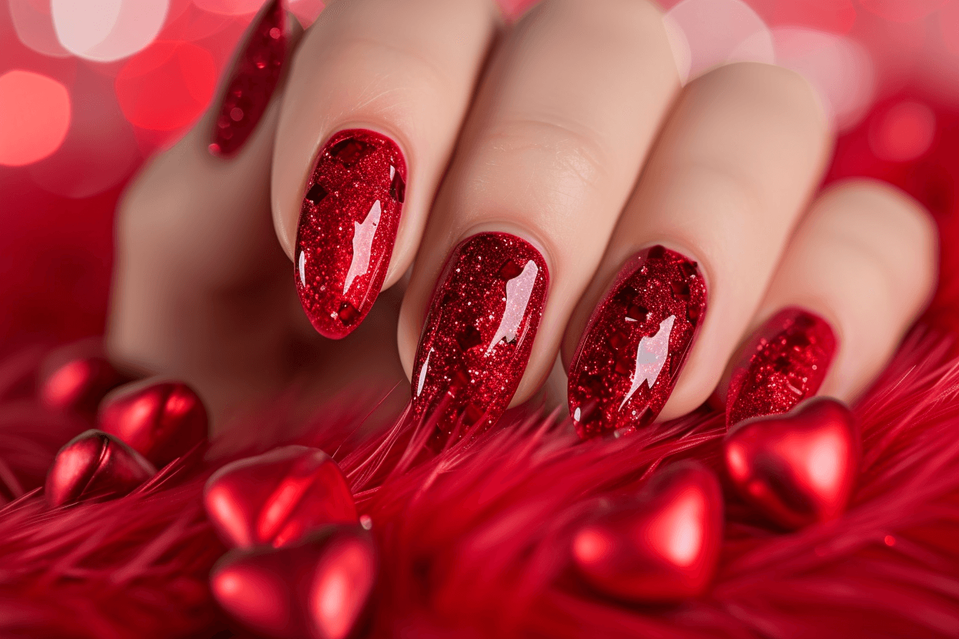 Zmysłowe czerwone brokatowe paznokcie walentynkowe, ktore przyciągaja wzrok sercami, tworzac odwazny i świętujący miłosc wyglad