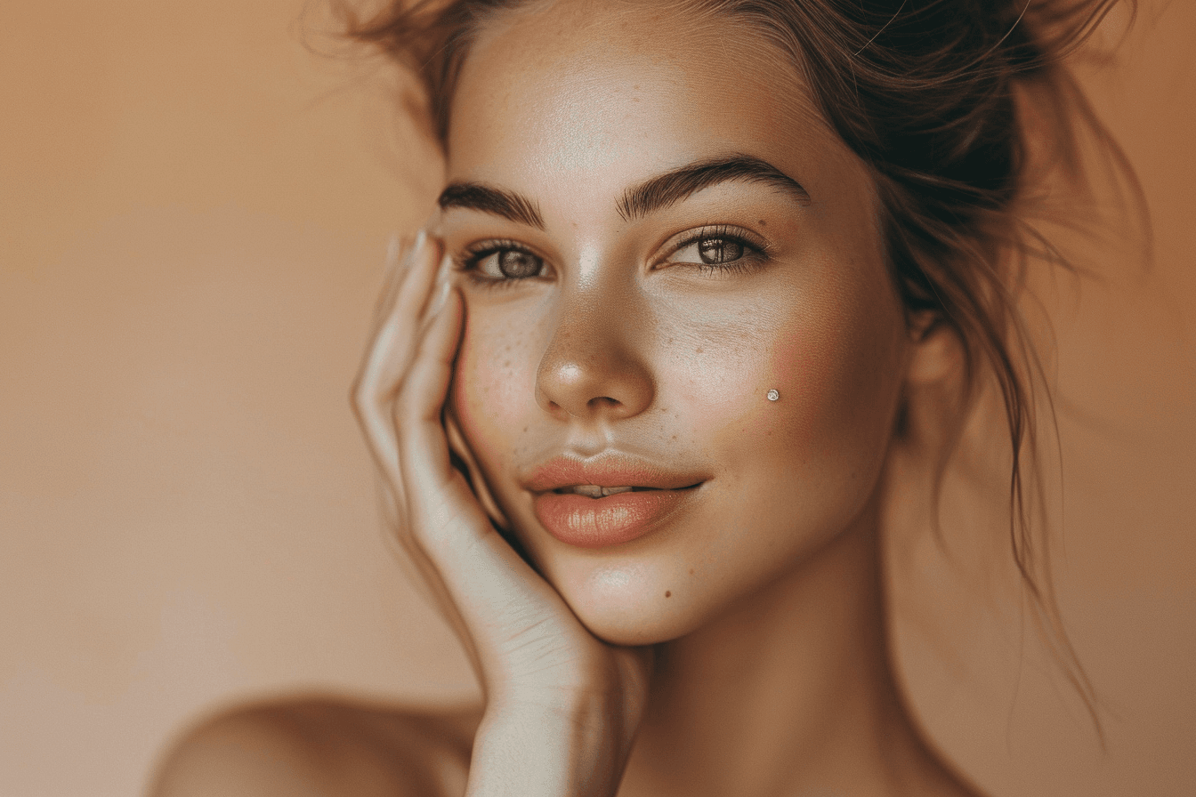 Portret uśmiechniętej białej kobiety z czystą, promienną skórą, delikatnie dotykającej swojego policzka, co podkreśla jej naturalne piękno i szczęście