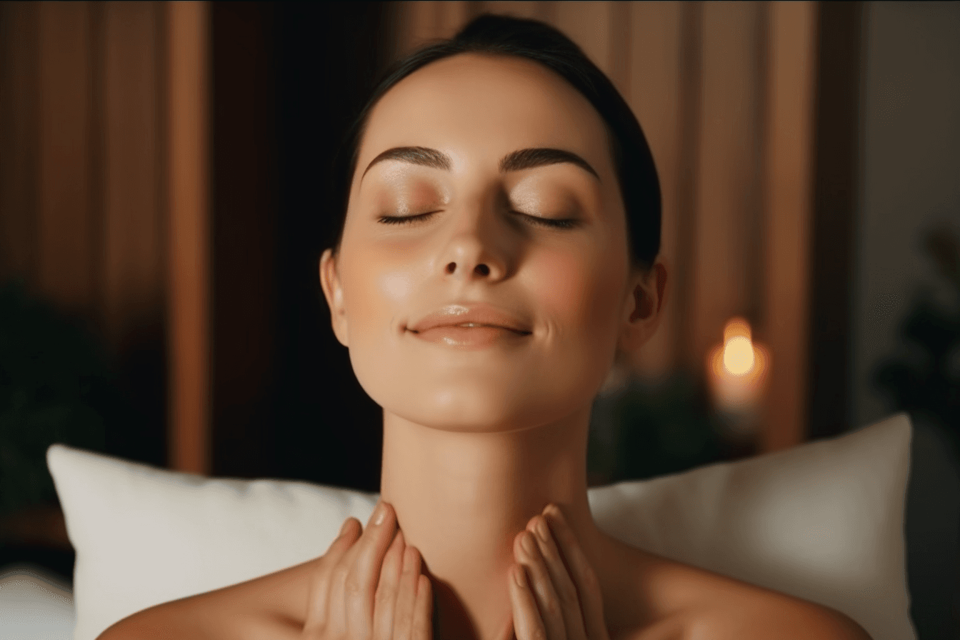 kobieta wykonuje sobie masaż twarzy w domu