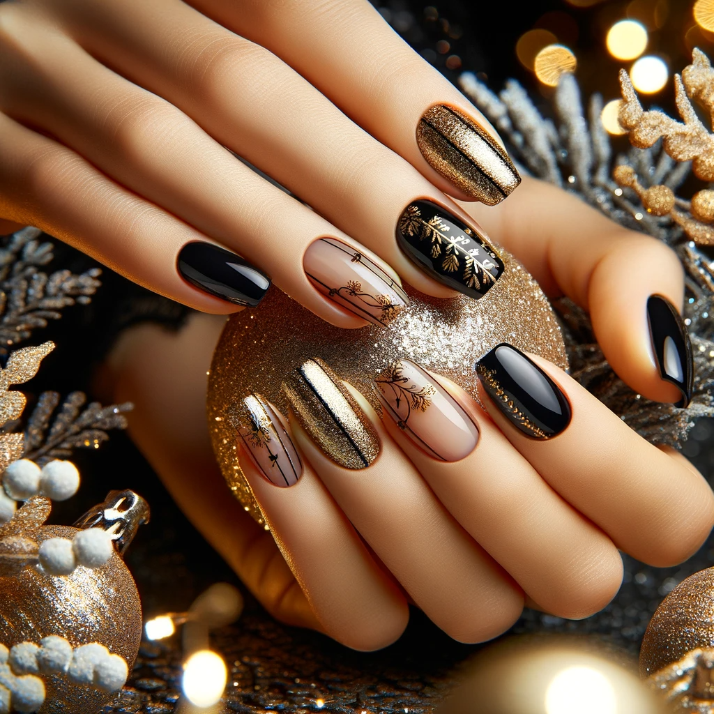 Eleganckie paznokcie na Sylwestra w kolorze czarnym z złotymi akcentami, prezentujące luksusowy i świąteczny styl, na tle noworocznej atmosfery z błyszczącymi światłami i dekoracjami
